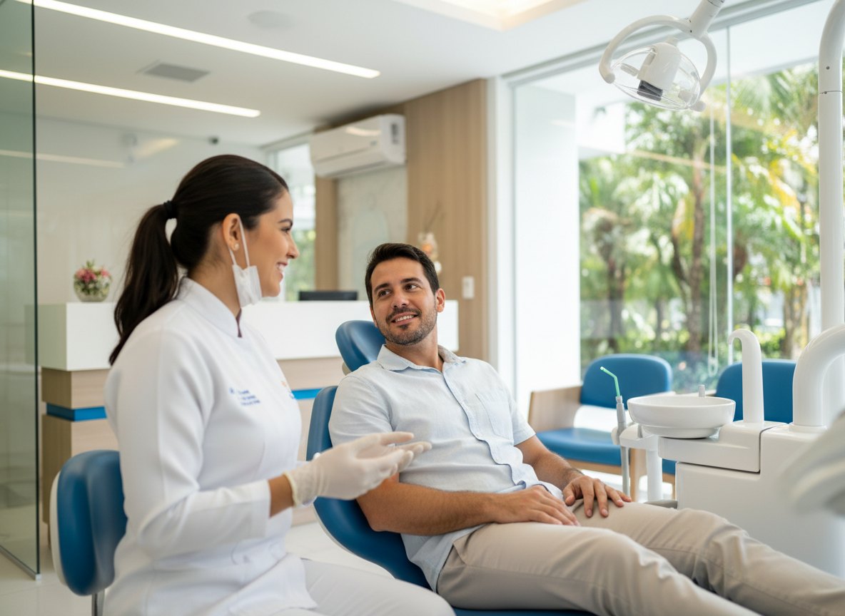 Dentista conversando com o paciente em consultório moderno